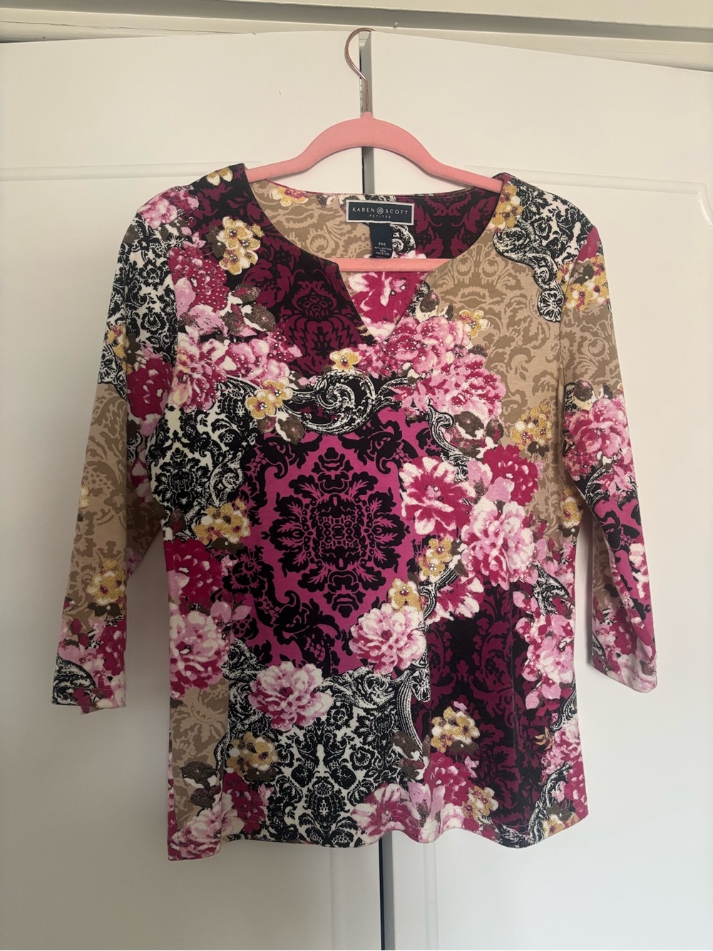 Karen Scott Pink Floral Patchwork-Print Long Sleeve Top